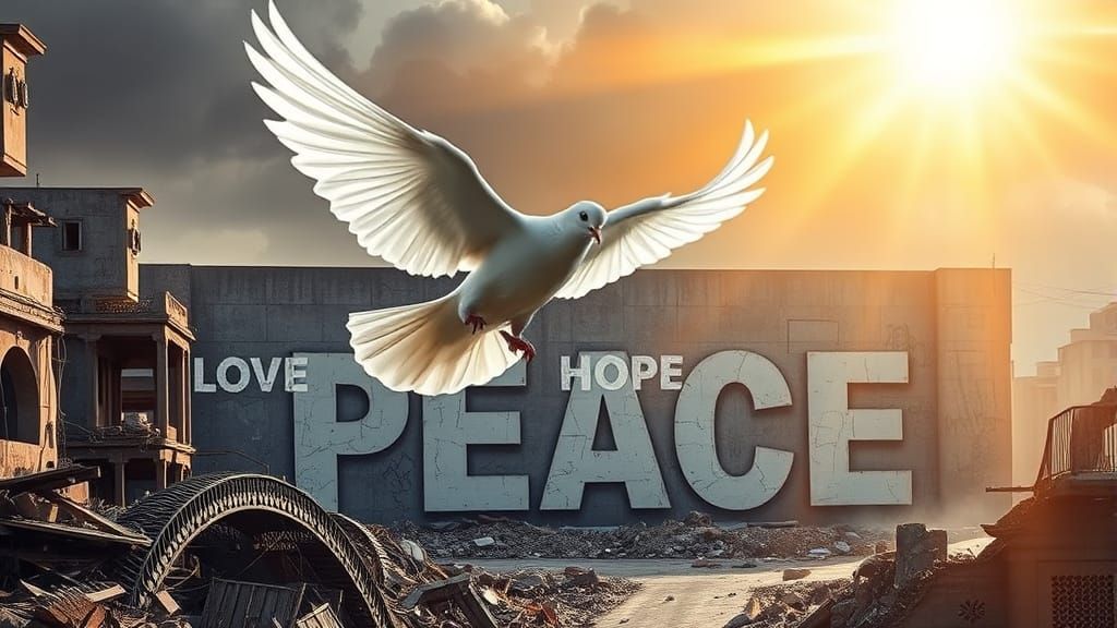 Surreal Dove Amidst City Ruins Shines with Ethereal Light