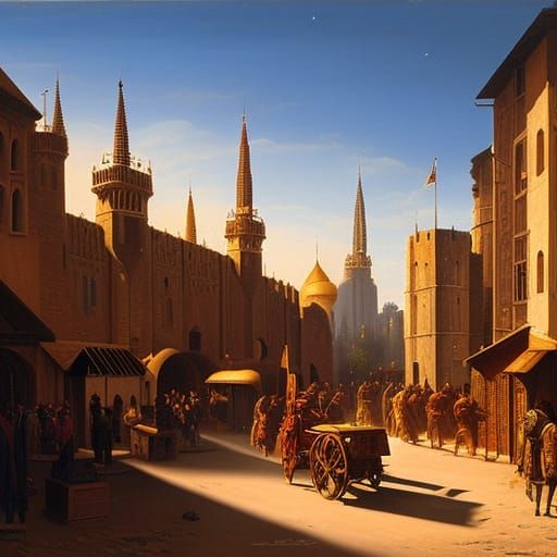 Crowded Medieval Market in 1350: Oil Painting