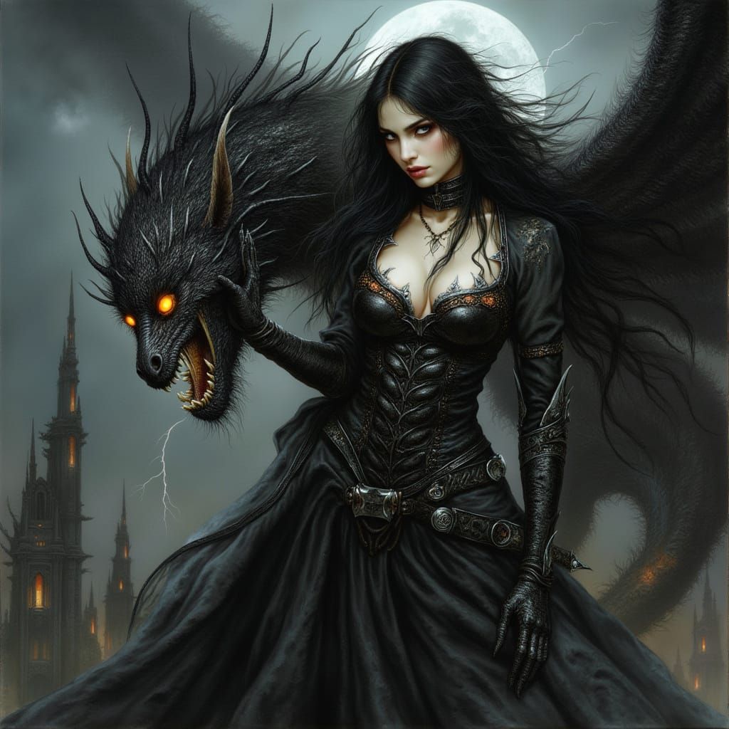 Dark Fantasy Sorceress With Shadow Beast Companion