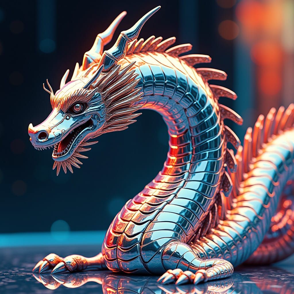 Futuristic Chrome Dragon in Op Art-Inspired Environment