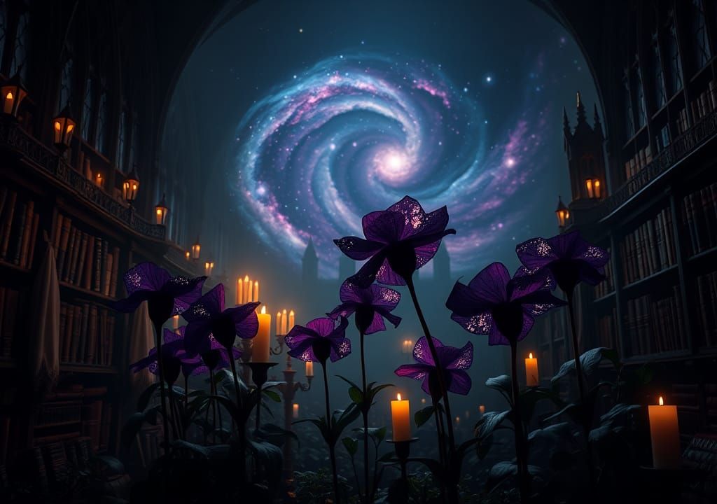Mystical Gothic Library Garden with Cosmic Flowers