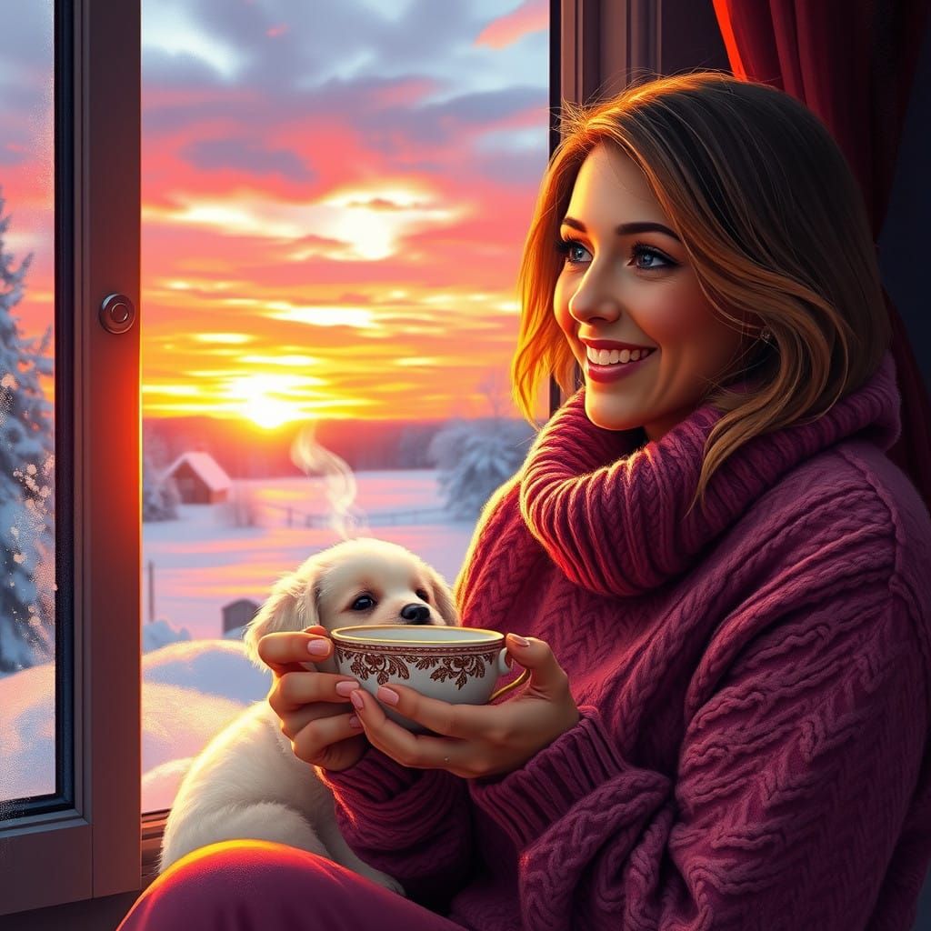 Warm Winter Scene with Smiling Woman and Dog