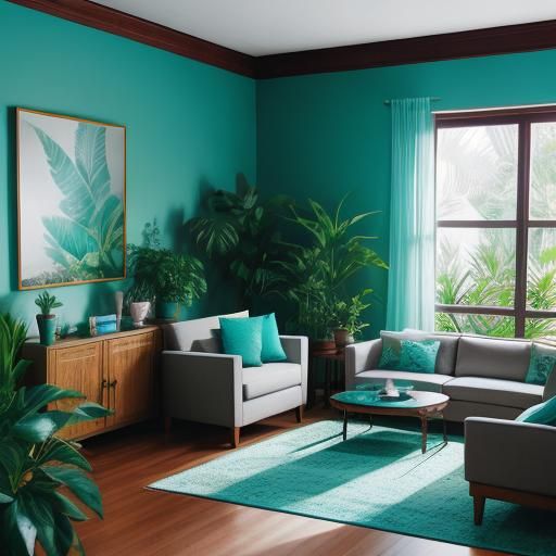 Turquoise Living Room with Plants: Professional Photography