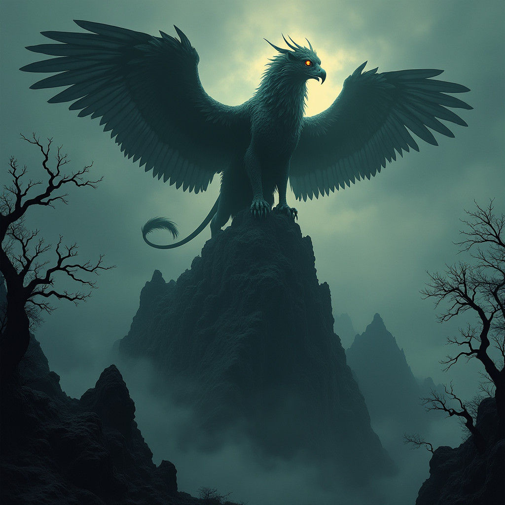 Gryphon on Mist-Shrouded Mountain in Gothic Style