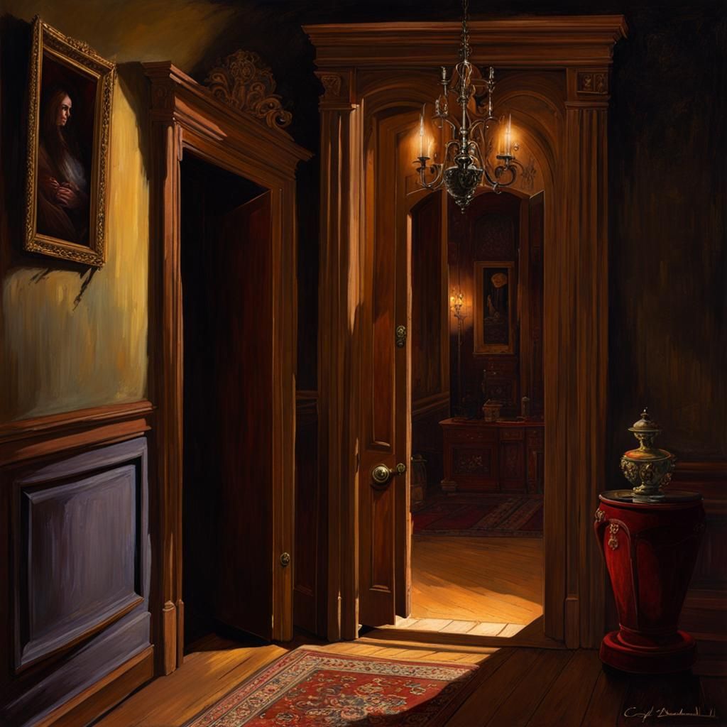 Spooky Hallway in Renaissance Mansion at Midnight