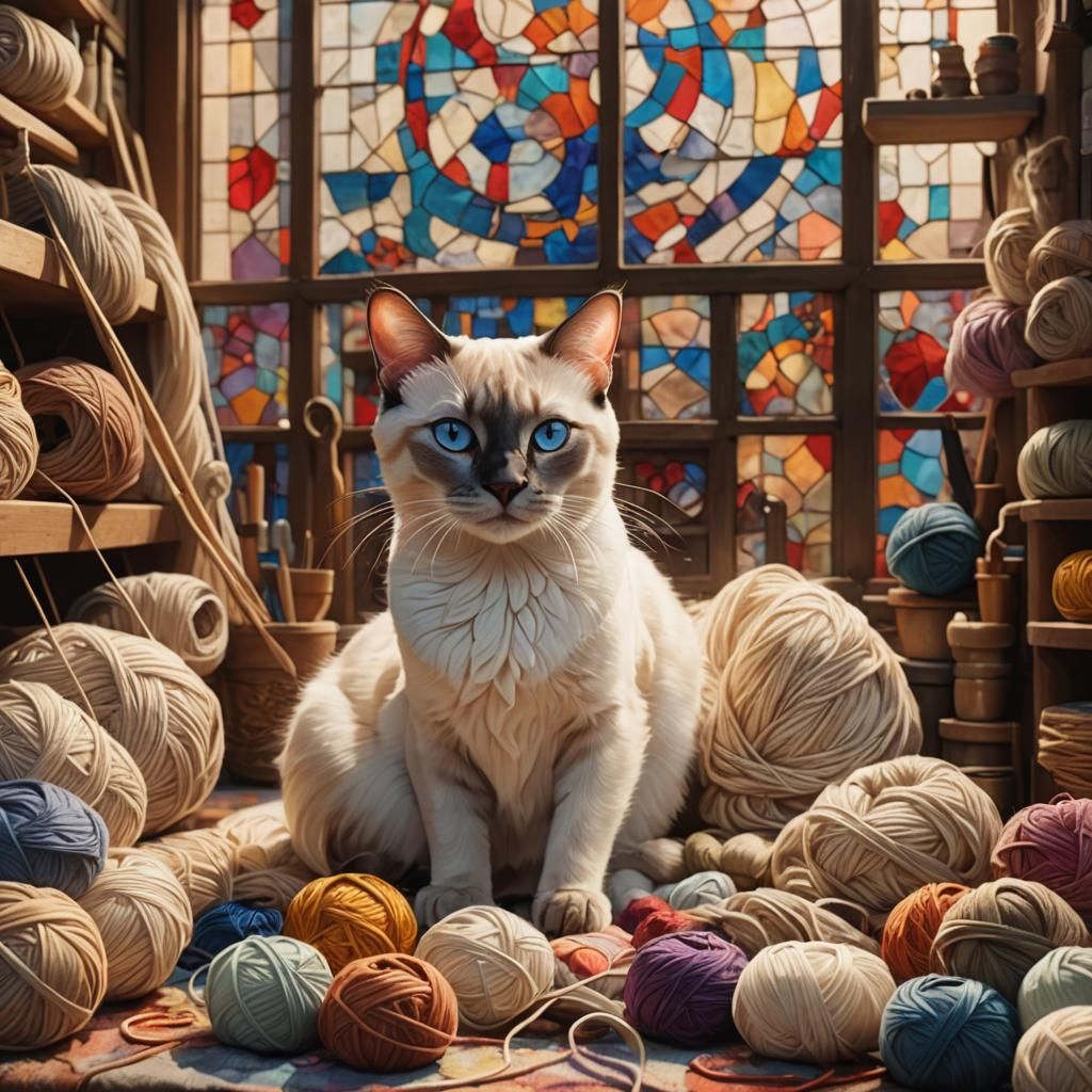 Siamese Cat in Cozy Yarn Store