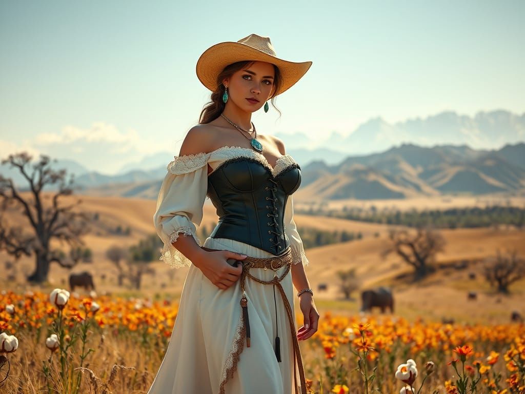 Glamorous Cowgirl Amidst a Vast Prairie Landscape