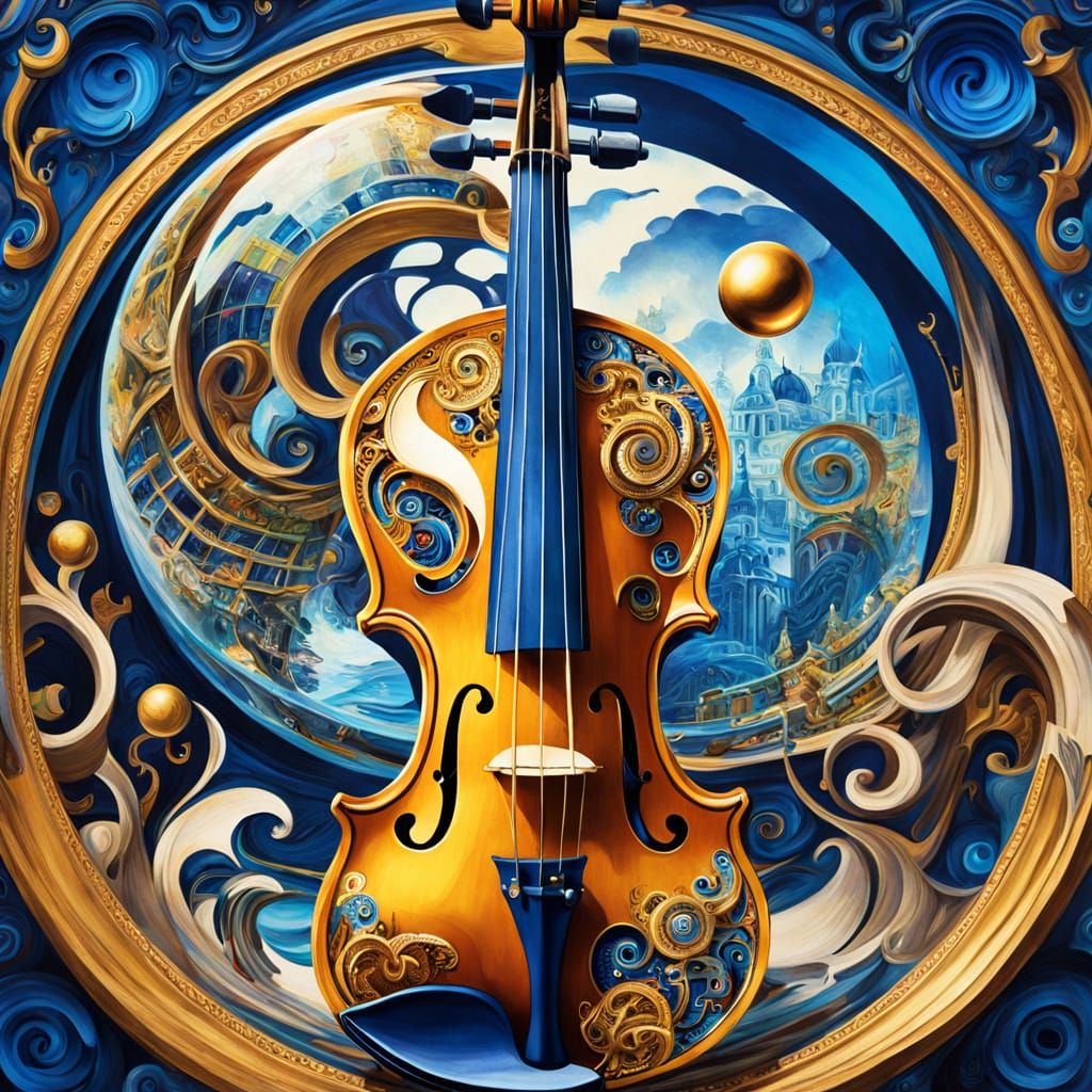 Surrealistic Oil Painting of a Majestic Violin with Intricat...