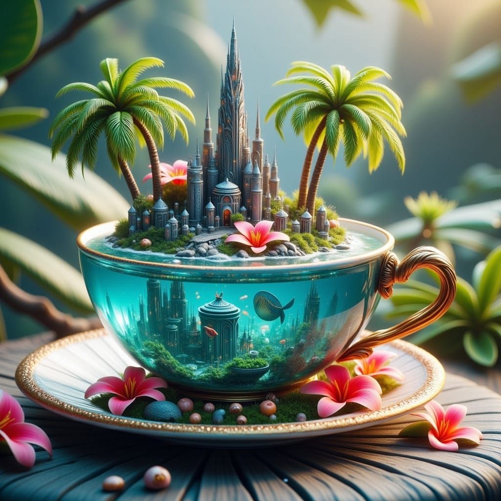 Island Paradise in Teacup: Detailed Matte Painting