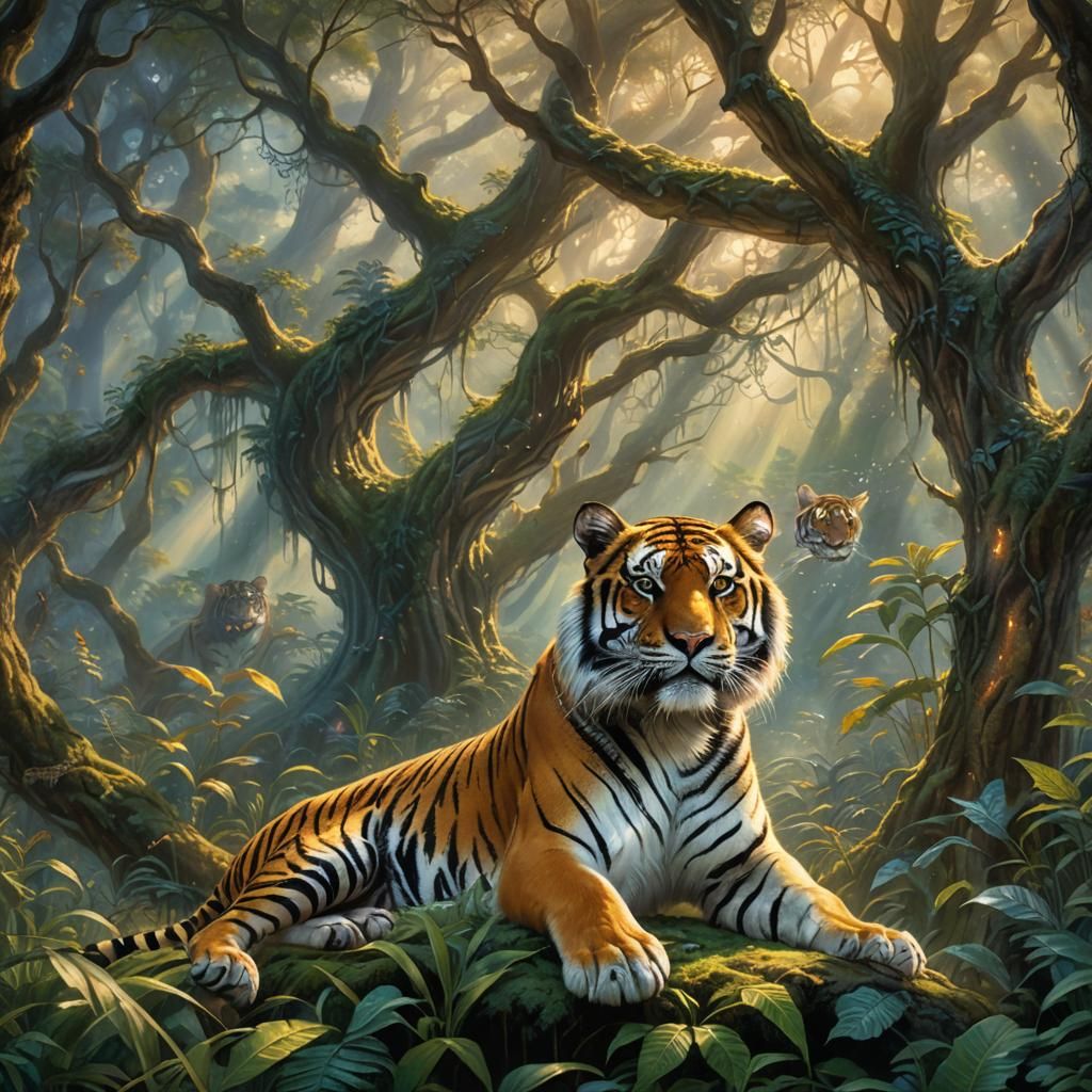 Tiger Family in Jungle Clearing, Kinkade Style