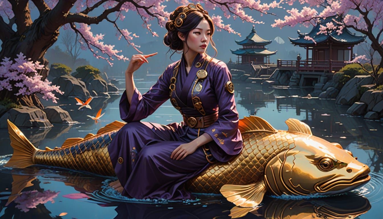 Steampunk Woman on Mechanical Koi Fish in Splash Art