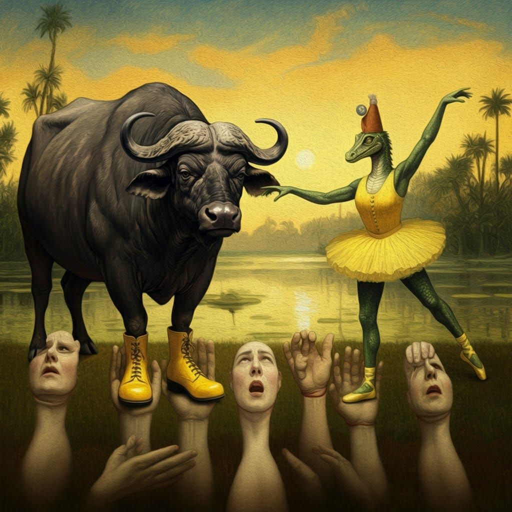 Surreal Buffalo-Clown and Reptile Balancing Act