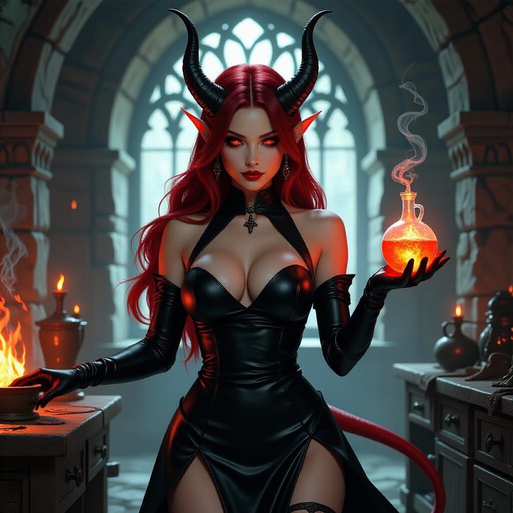 Tiefling Alchemist Mixing Explosives in a Gothic Laboratory