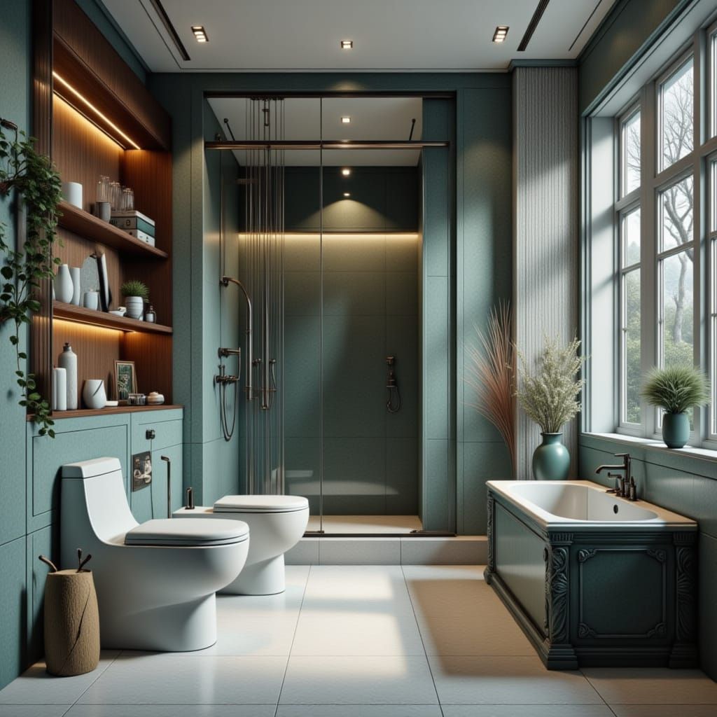 Upscale Bathroom with Steam Shower and Antique Cabinet