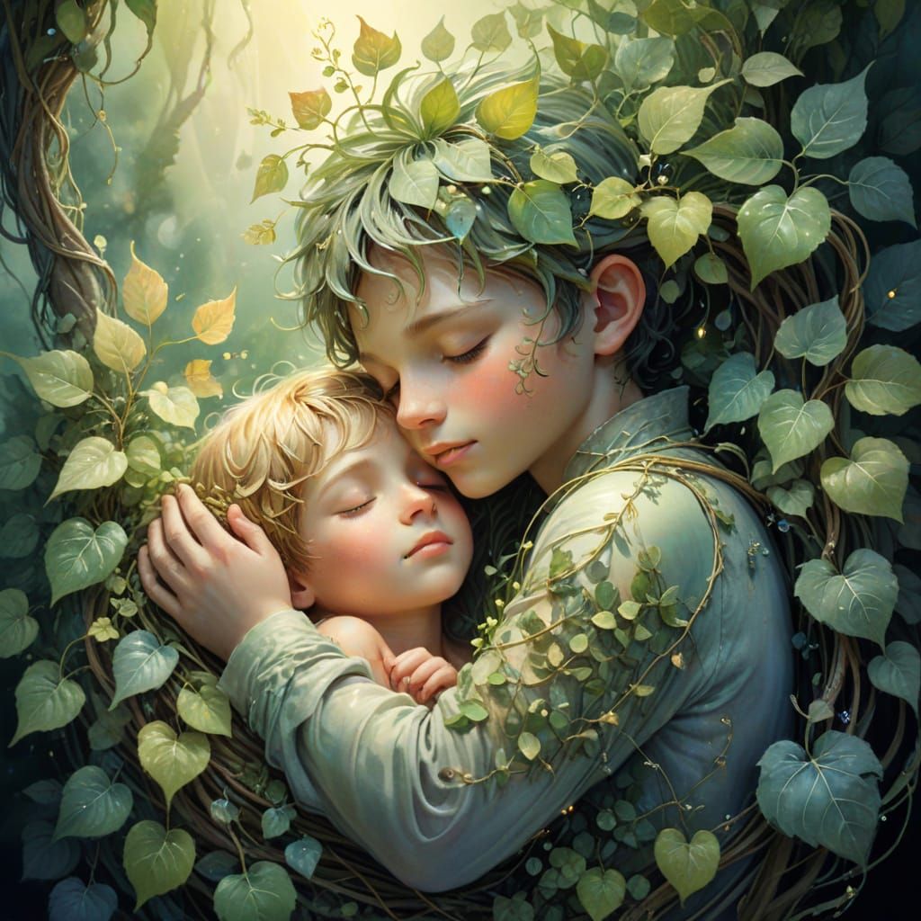 Fantasy Plant Tenderly Cares for Sleeping Boy in Dreamy Wate...