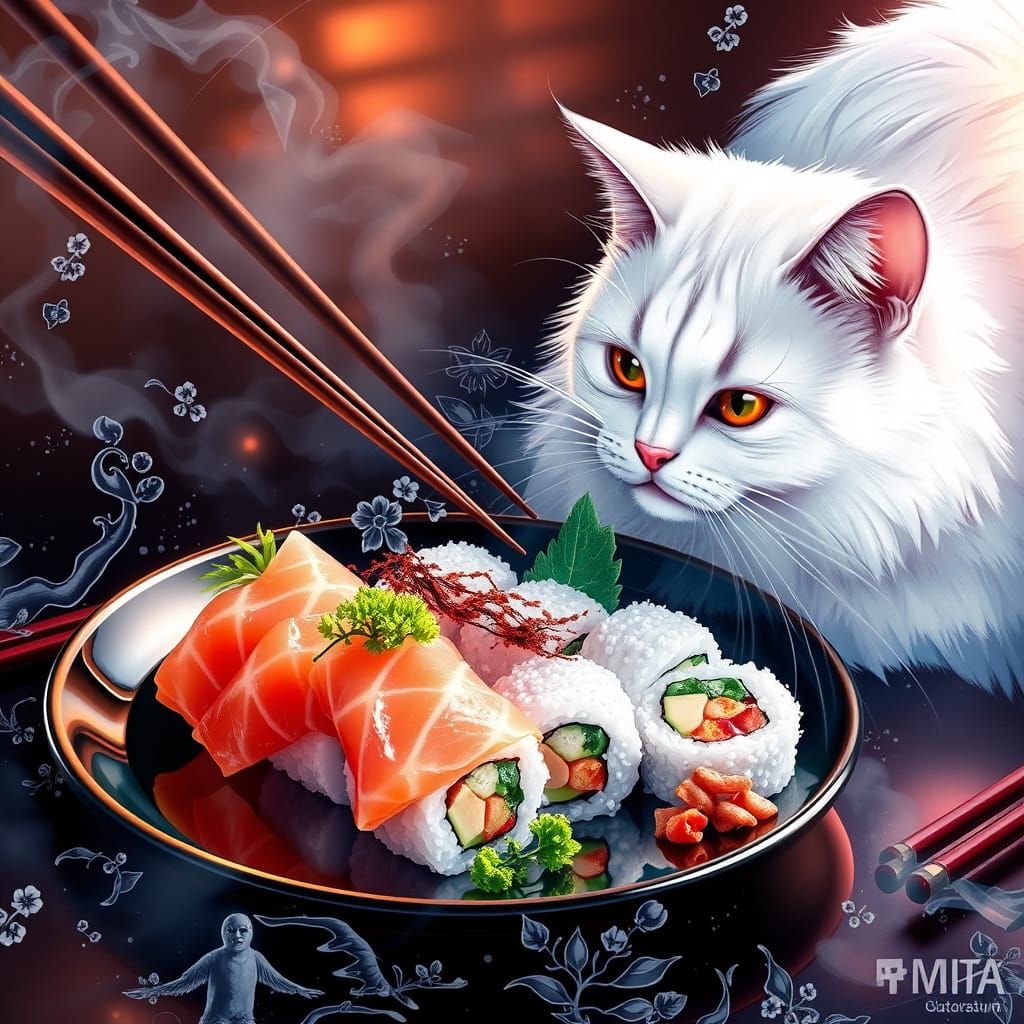 Anime-Inspired Sushi Scene with Serene Cat