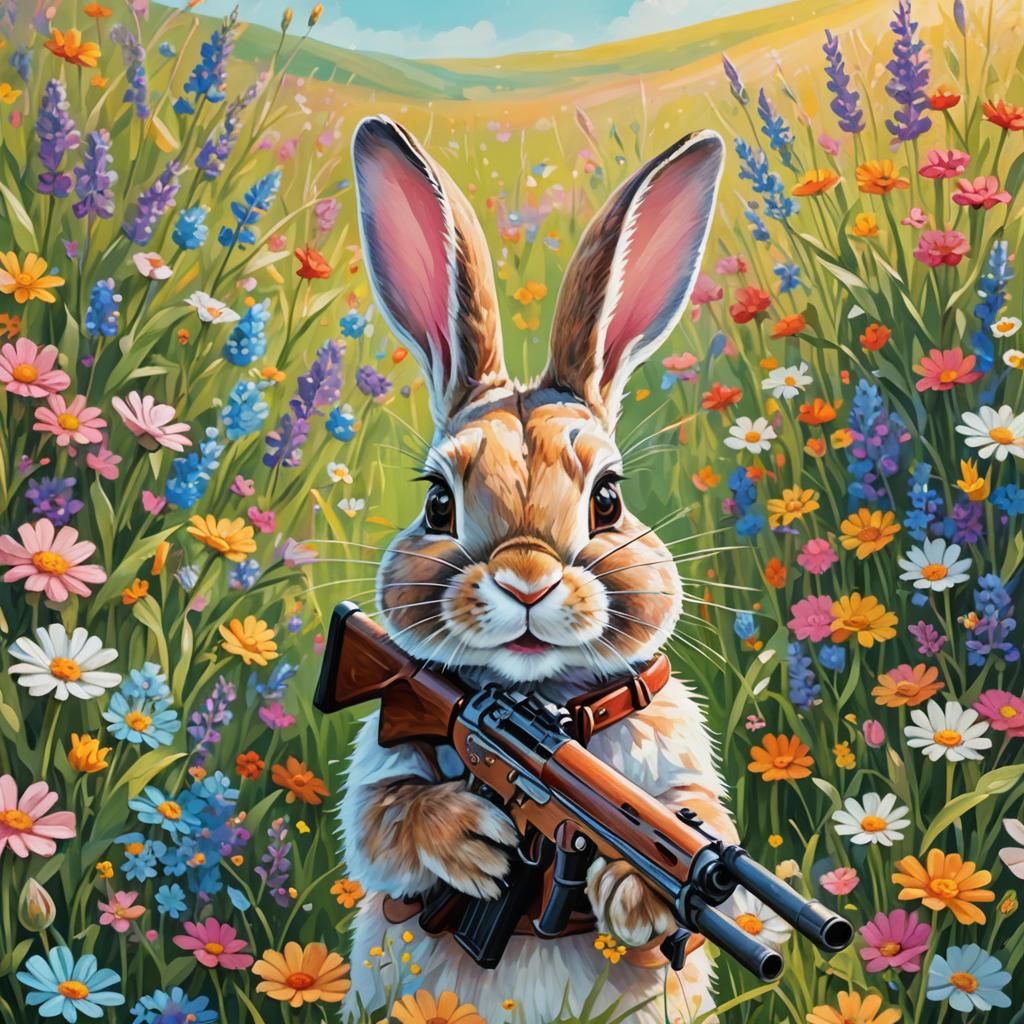 Cartoon Rabbit with Shotgun in Oil Painting Style