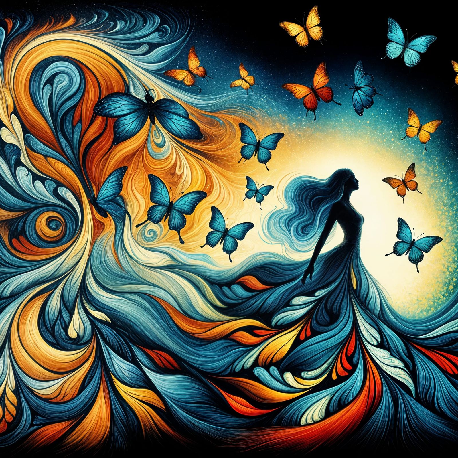 Woman in Butterfly Silhouette: Surreal Dreamscape