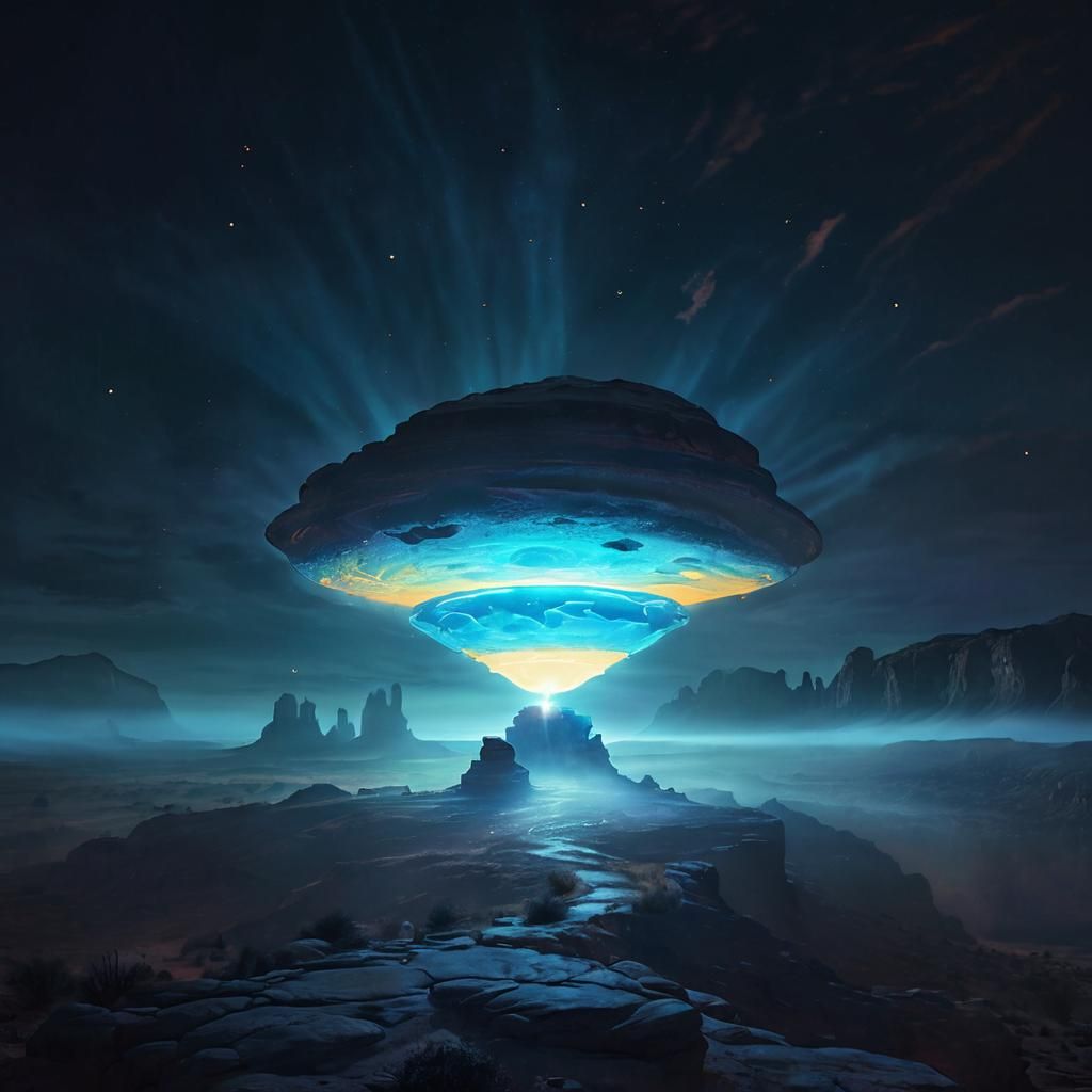 UFO Over Mystical Desert Landscape in Surrealist Style
