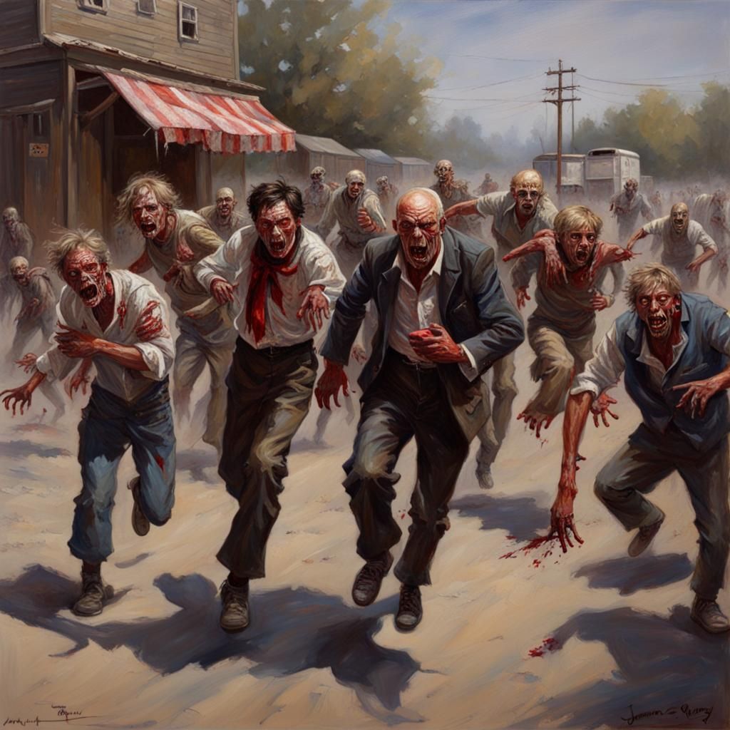 Zombies Attack People in Oil Painting