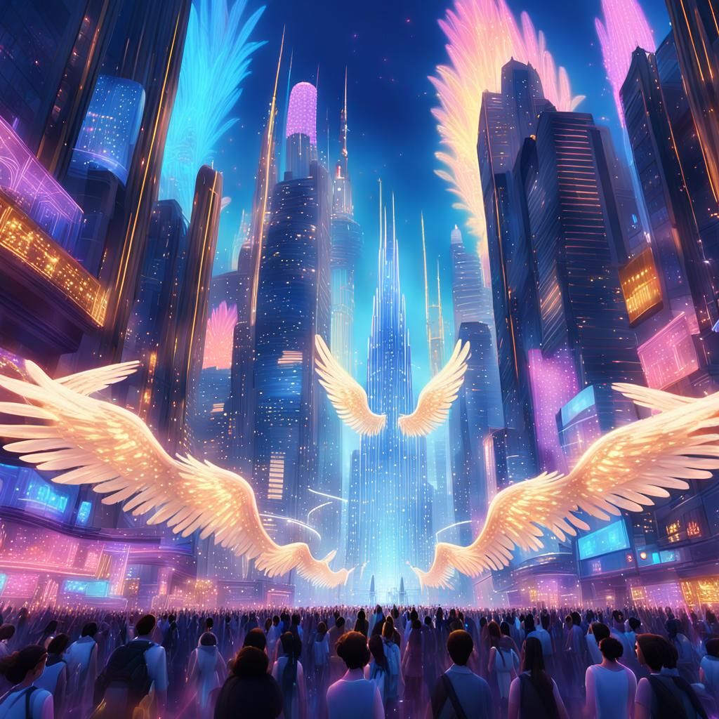 Futuristic Heaven: Neon Cityscape with Angels