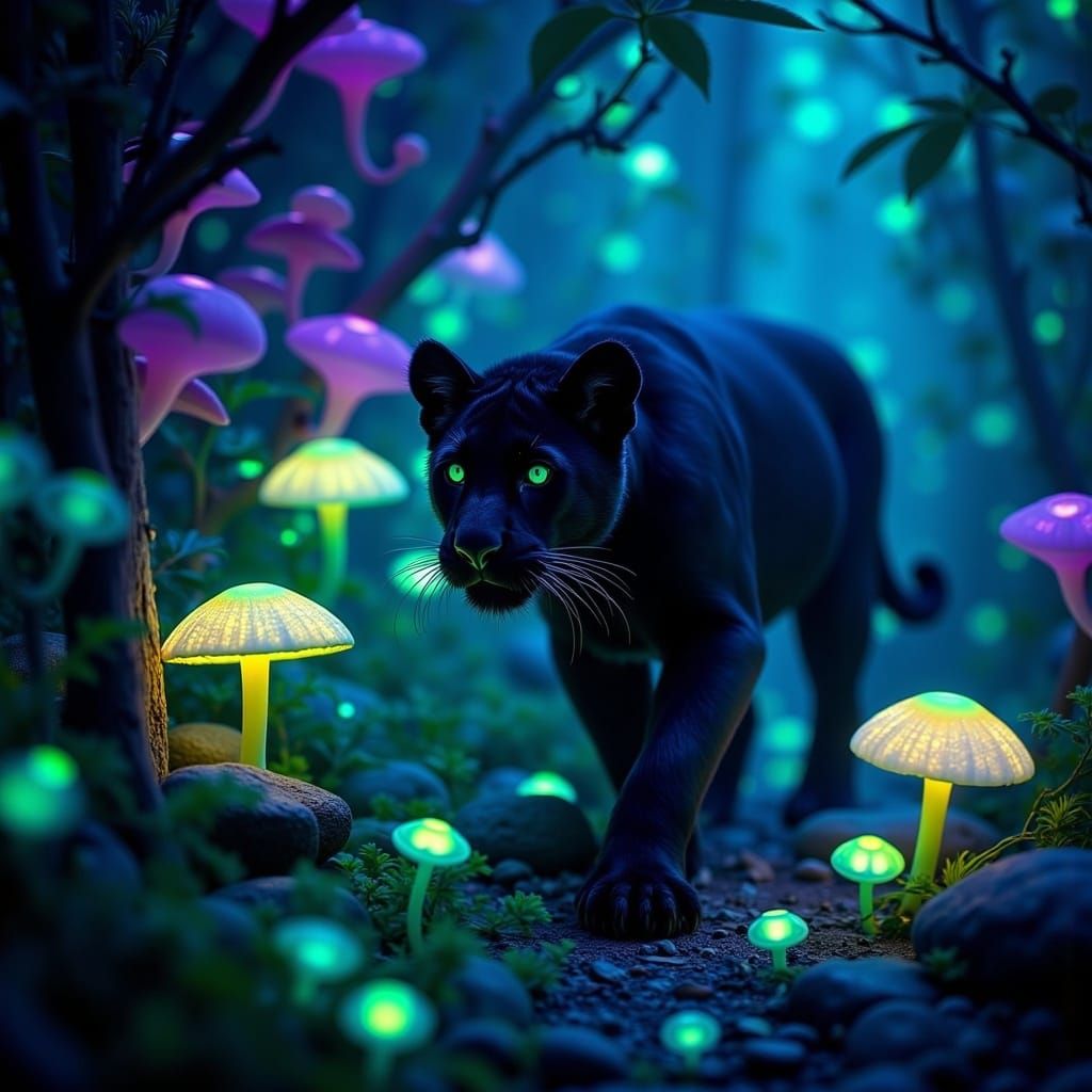 Black Panther in Bioluminescent Jungle, Fantasy Concept Art