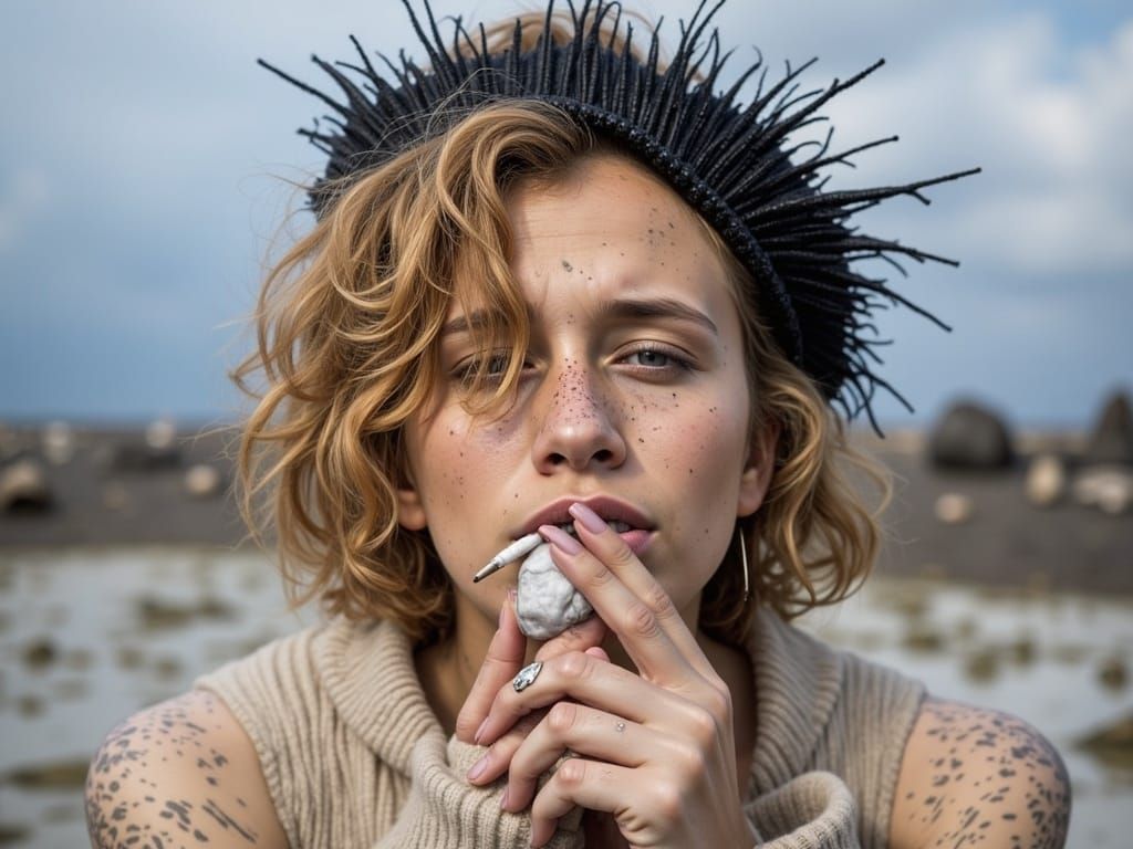 Sad Blonde with Crown in Dark Room