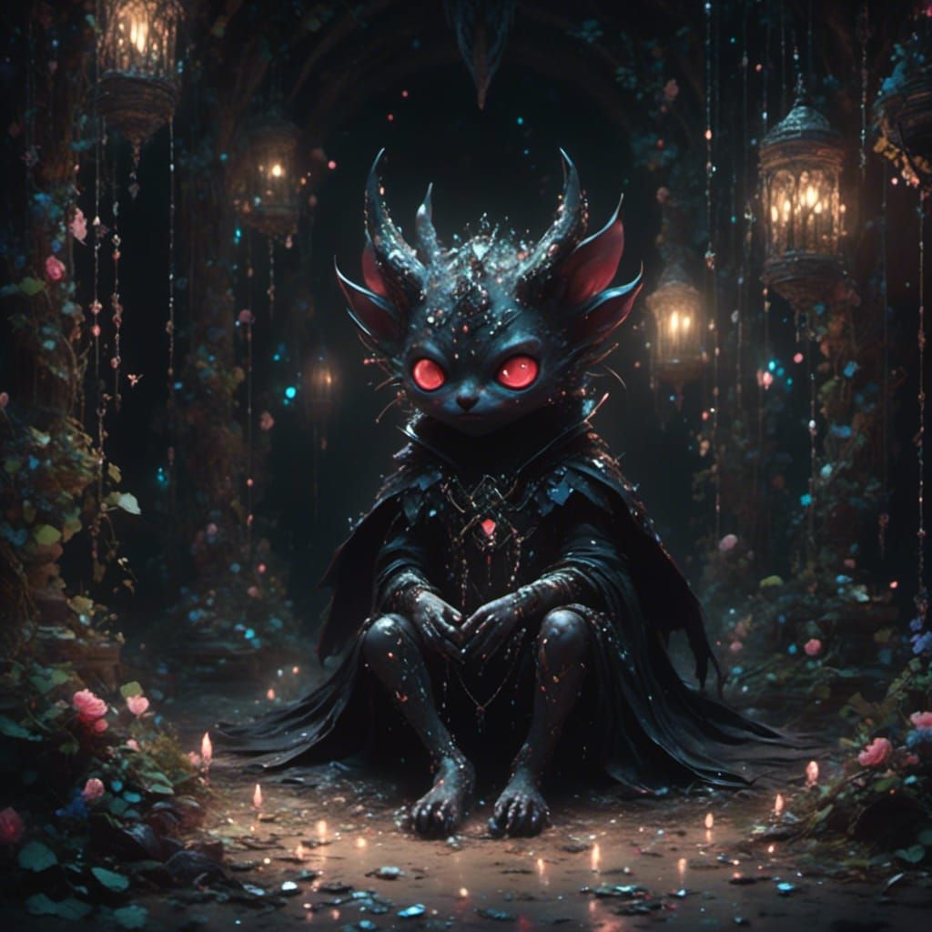 Tiny Devil with big googely eyes sitting in corner of dark room