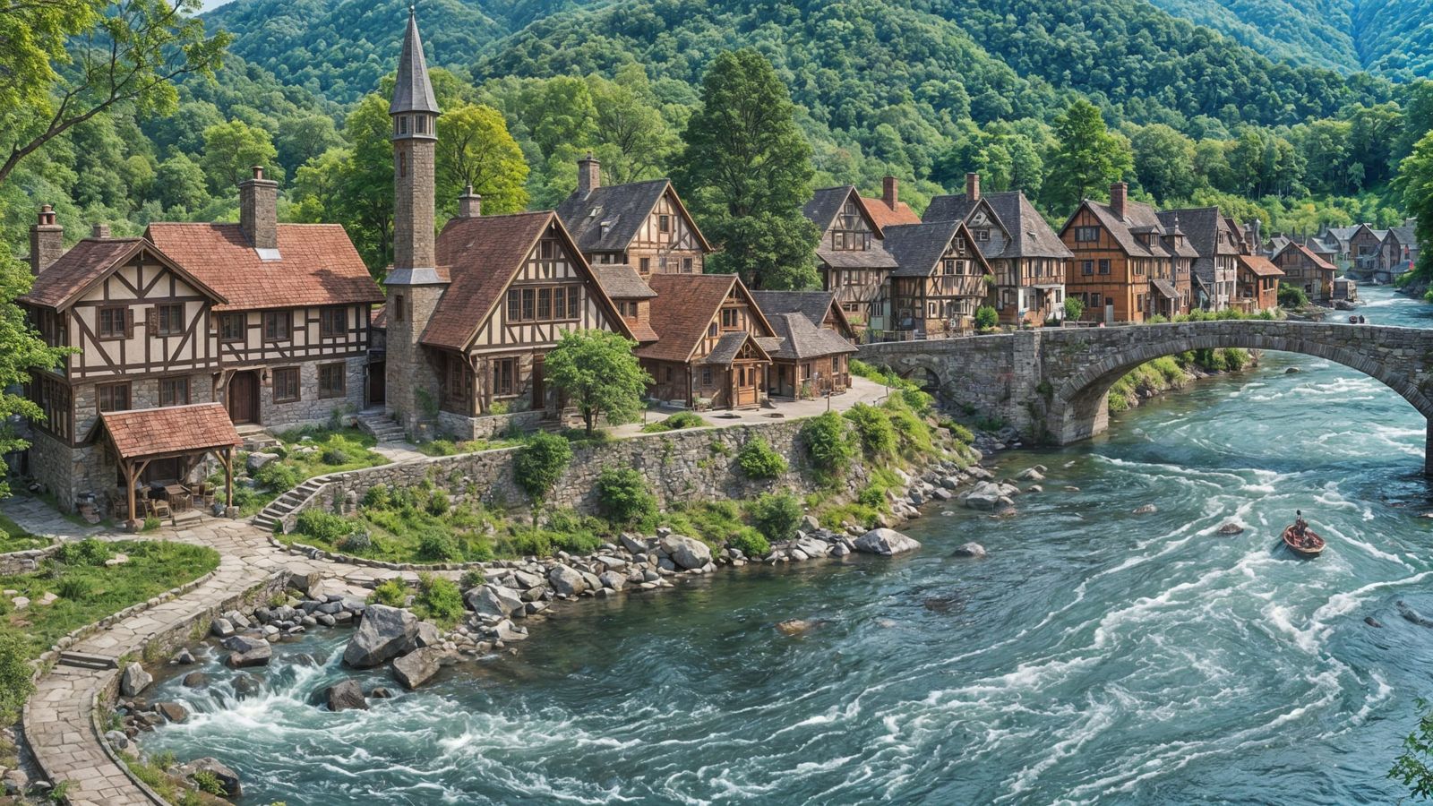 Picturesque Village with River and Stone Bridge