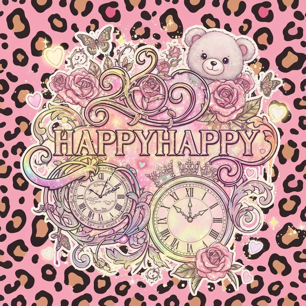 Kawaii Pink Leopard Pattern with Gothic Roses and Clock