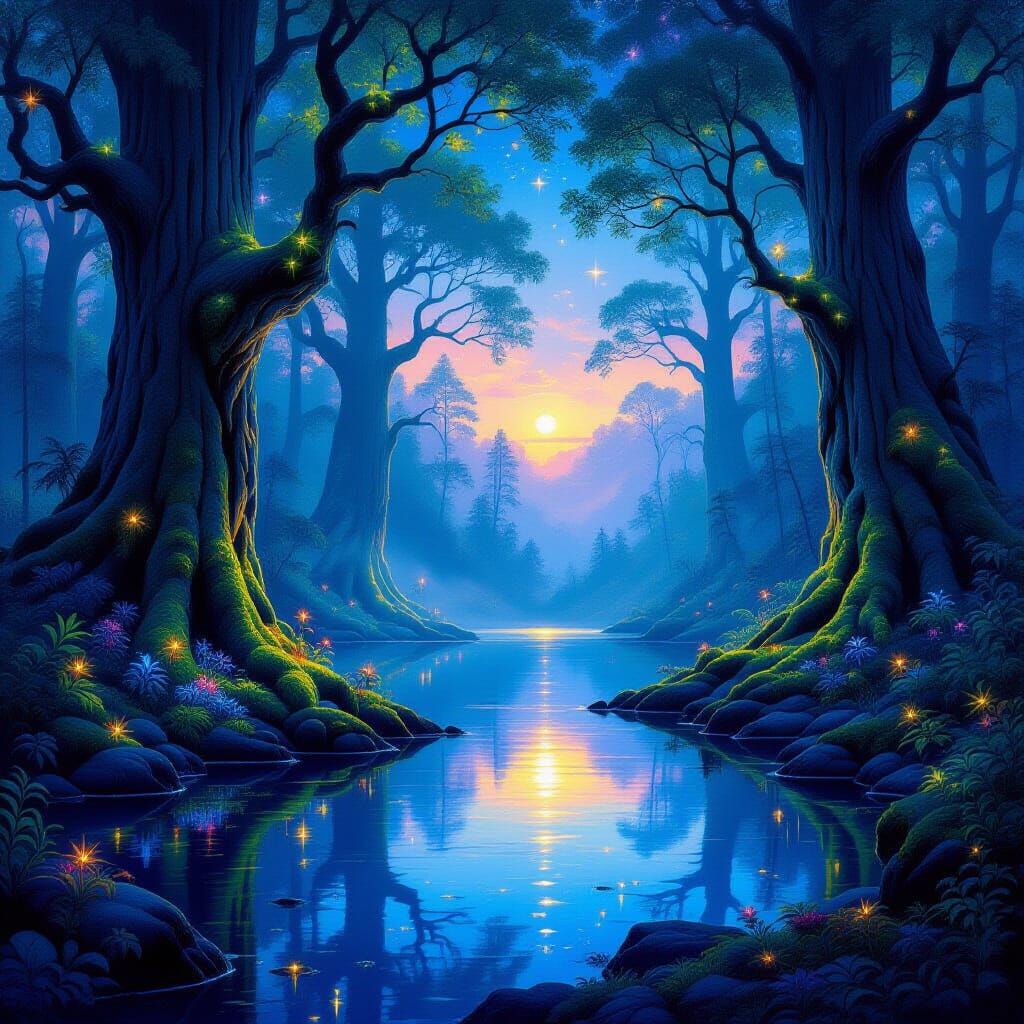 Enchanted Twilight Forest Lake in Surreal Fantasy Style