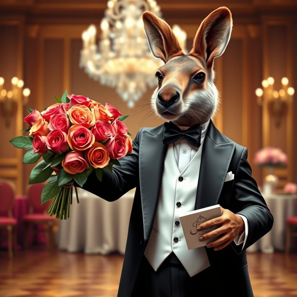 Dashing Kangaroo in Tuxedo Invites His Lady to Dance