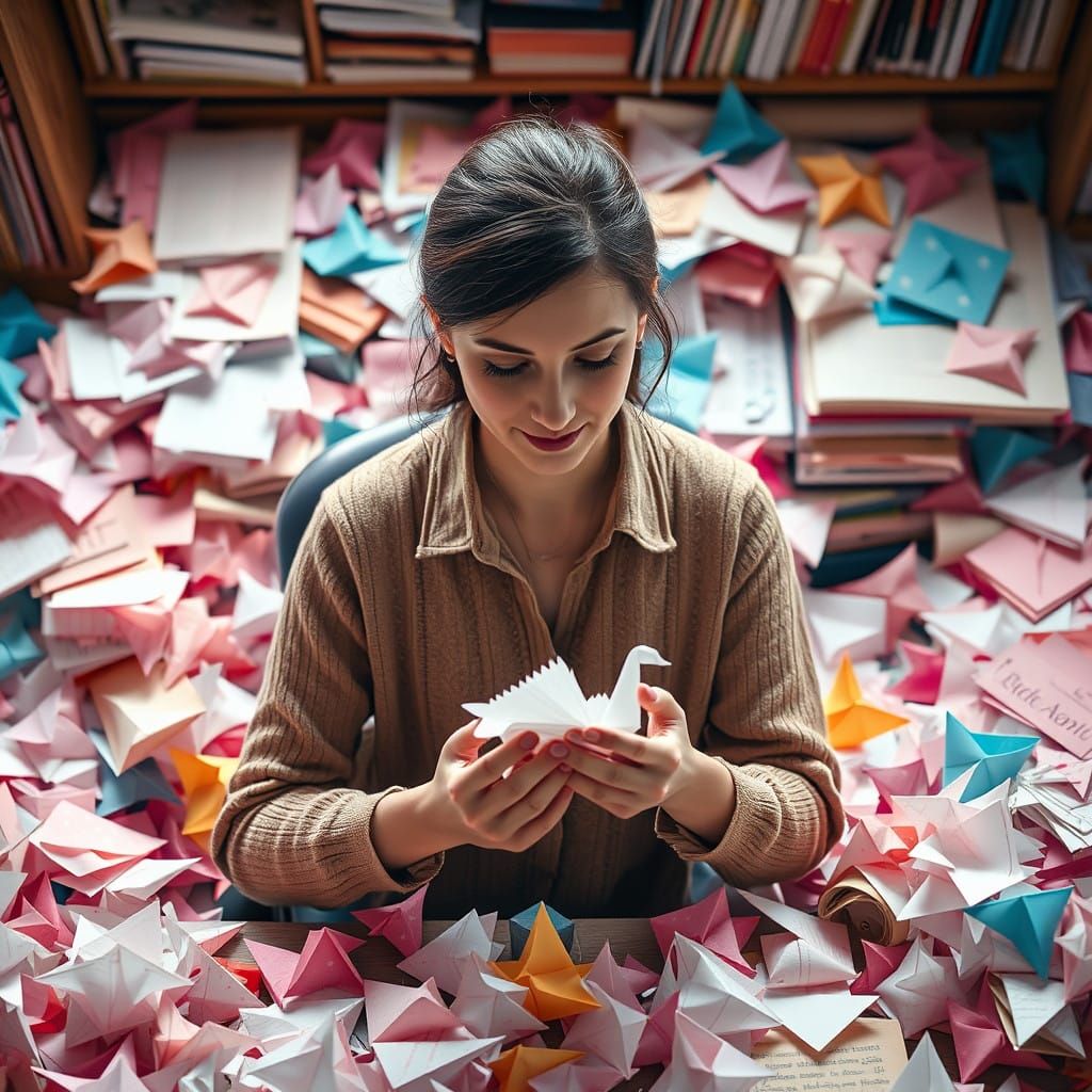 Serene English Teacher in Whimsical Papercraft Setting