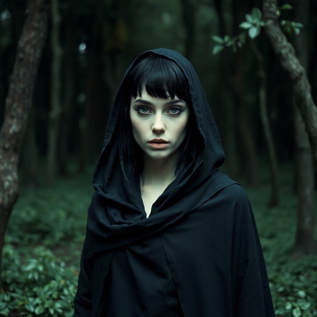 Gothic Woman in Forest, Hyperrealistic Dark Art