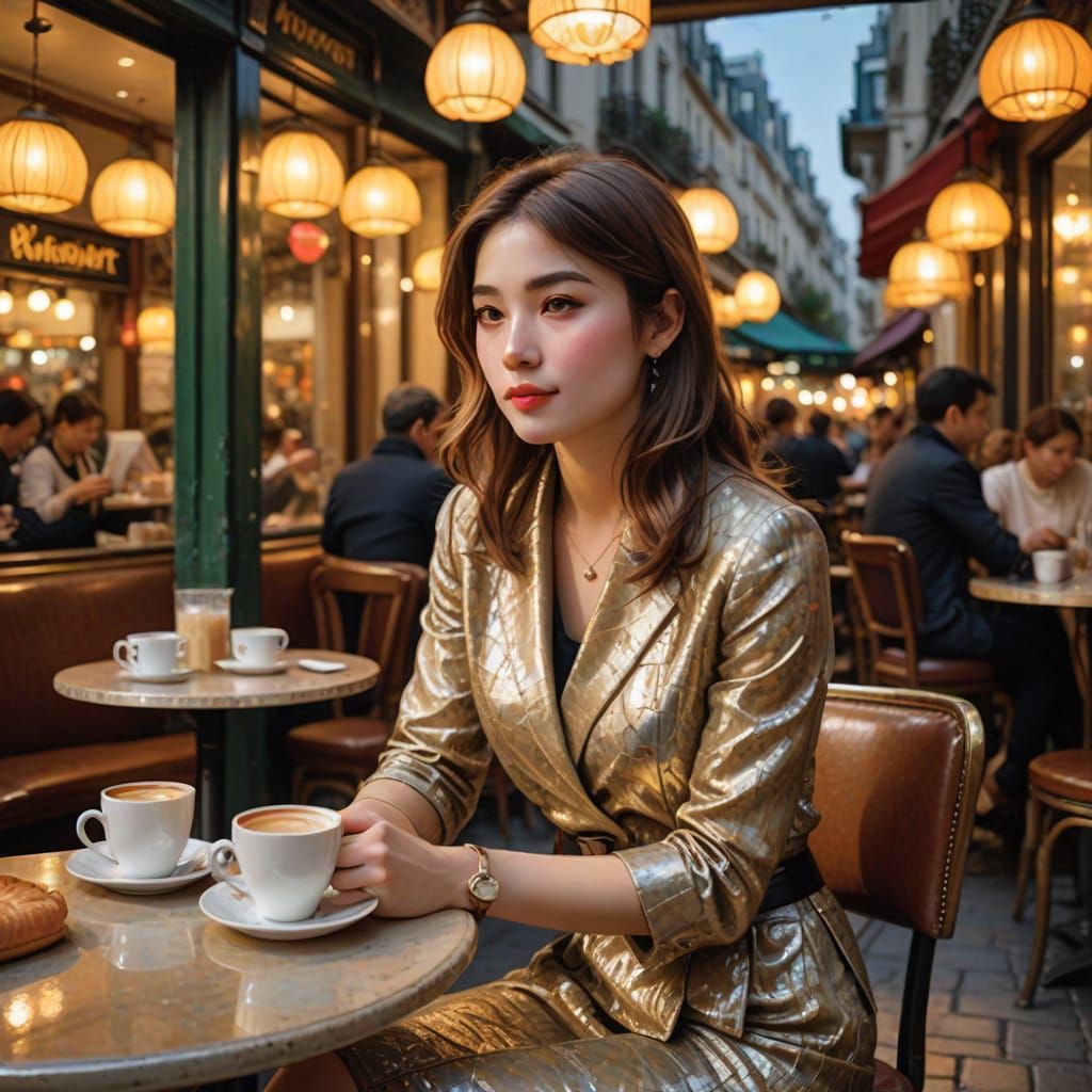 Woman in Parisian Cafe Captured in Impressionist Style