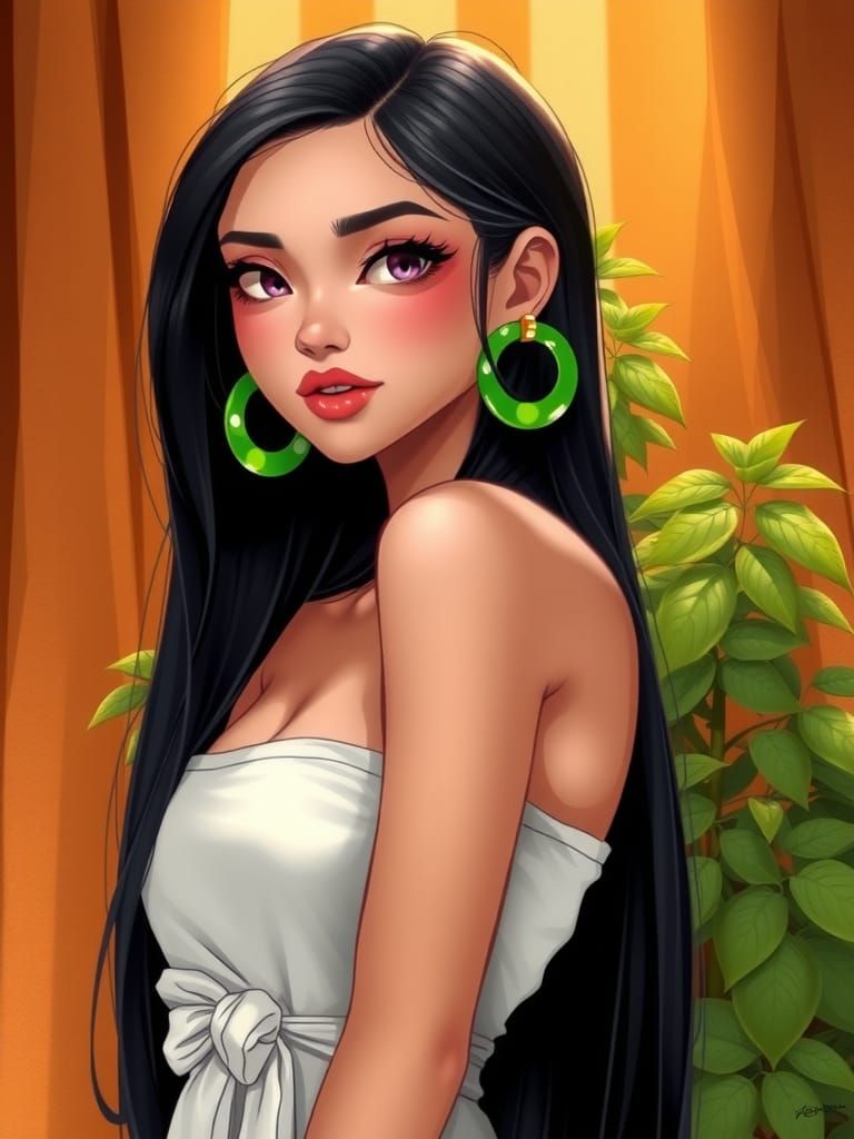 Beautiful Woman with Green Earrings: Digital Illustration