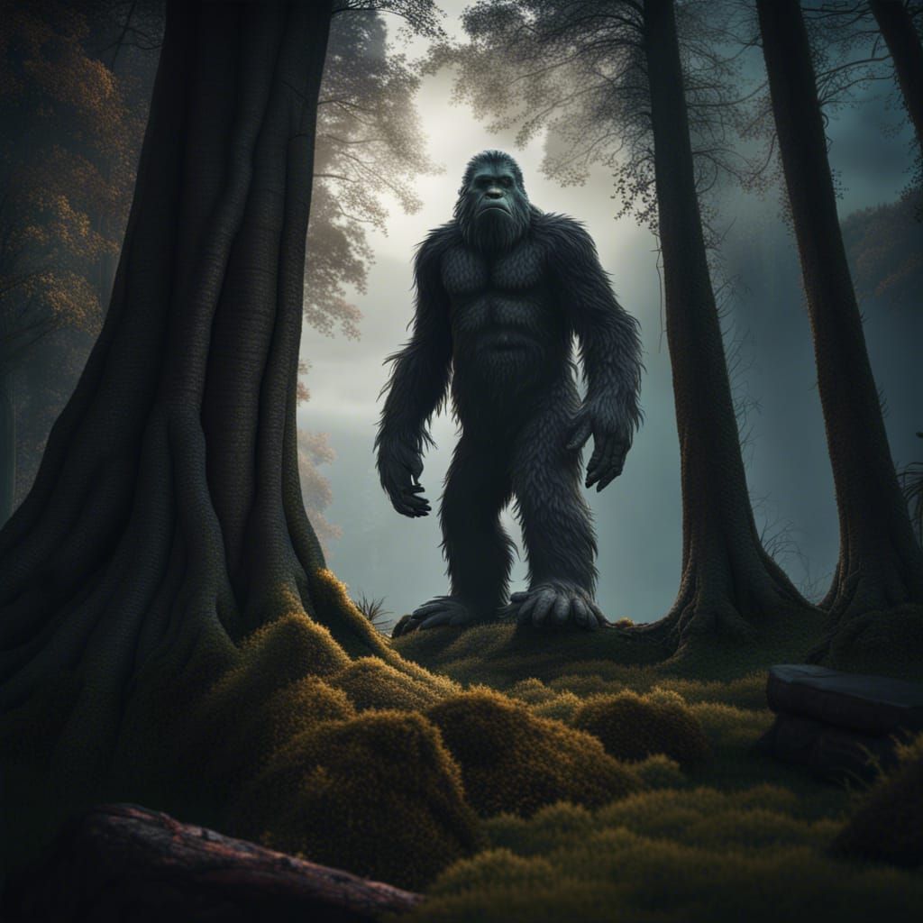 Cinematic Bigfoot Hiding Behind Tree