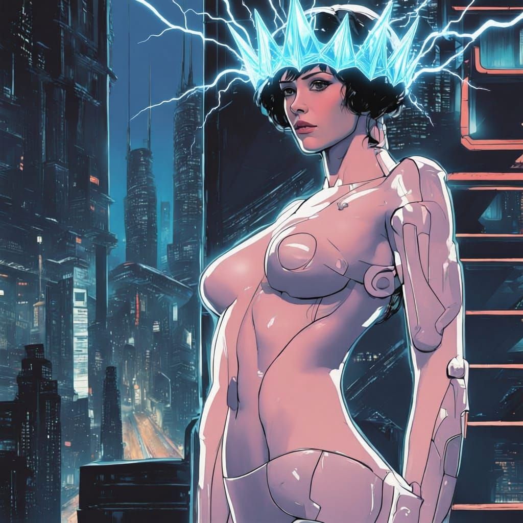 Futuristic Queen Surveys Dystopian Cityscape in Cyberpunk St...