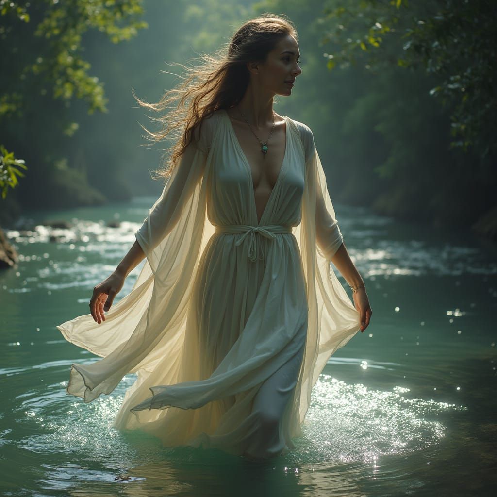 Water Nymph Emerges From River With Flowing Robes