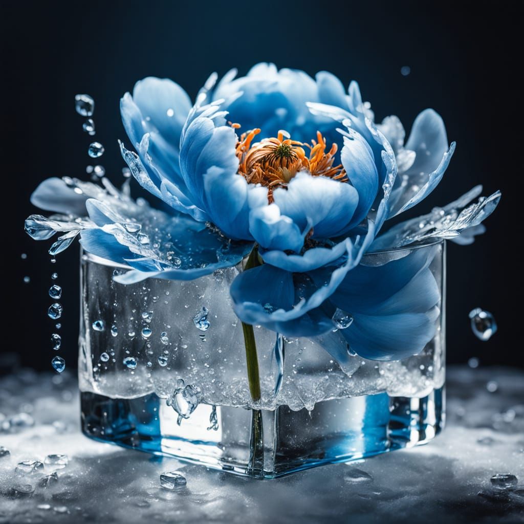 Blue Peony Encased in Ice: Hyperrealistic Close-Up