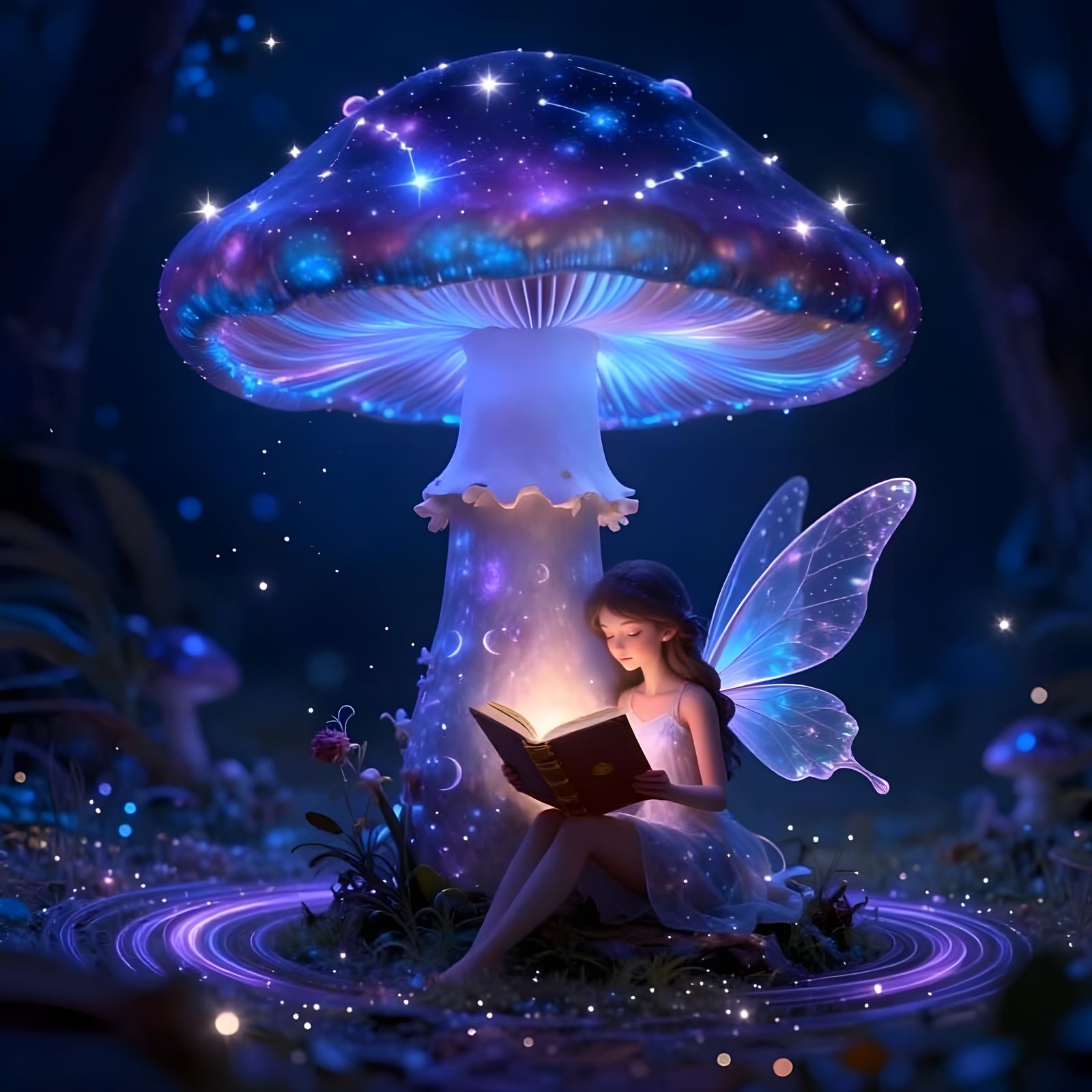 Ethereal Fairy Reads by Glowing Cosmic Mushroom