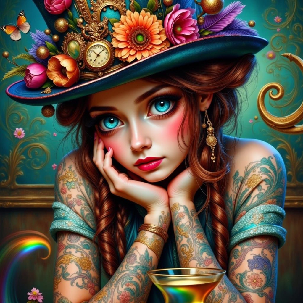 Whimsical Woman with Mad Hatter Hat in Neo-Traditional Tatto...