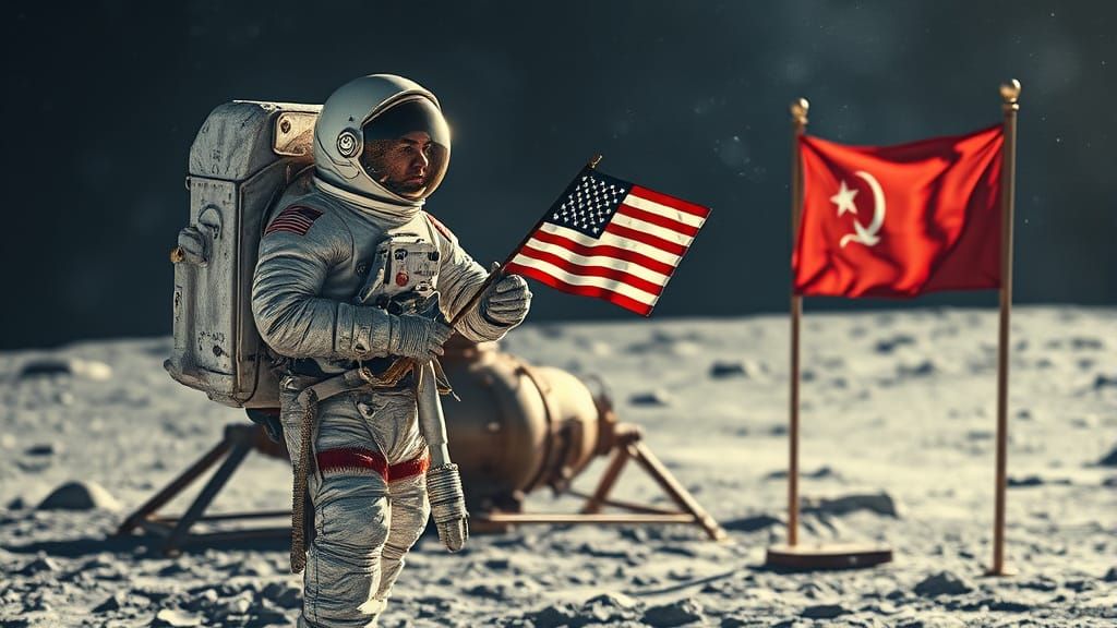 Astronaut on Moon with Flags in Dreamy Watercolor Style