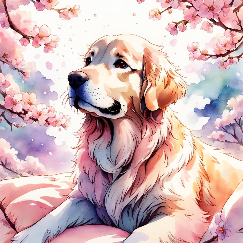 Golden Retriever in Moe Anime Watercolor Style