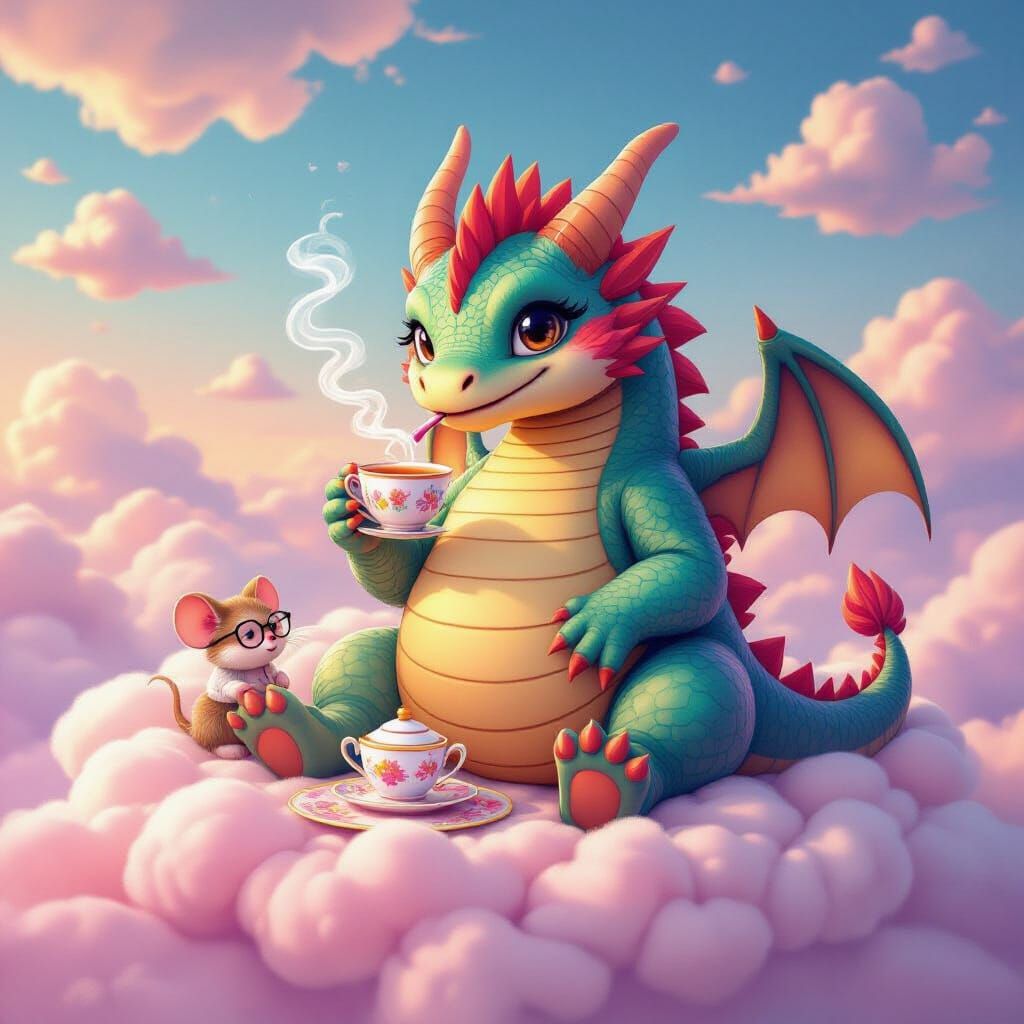 Gentle Dragon's Tea Party on Pastel Cloud