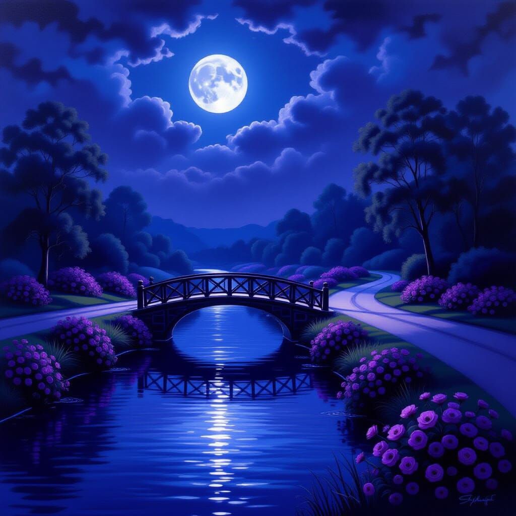 Moonlit River with Purple Flowers in Oil Paint