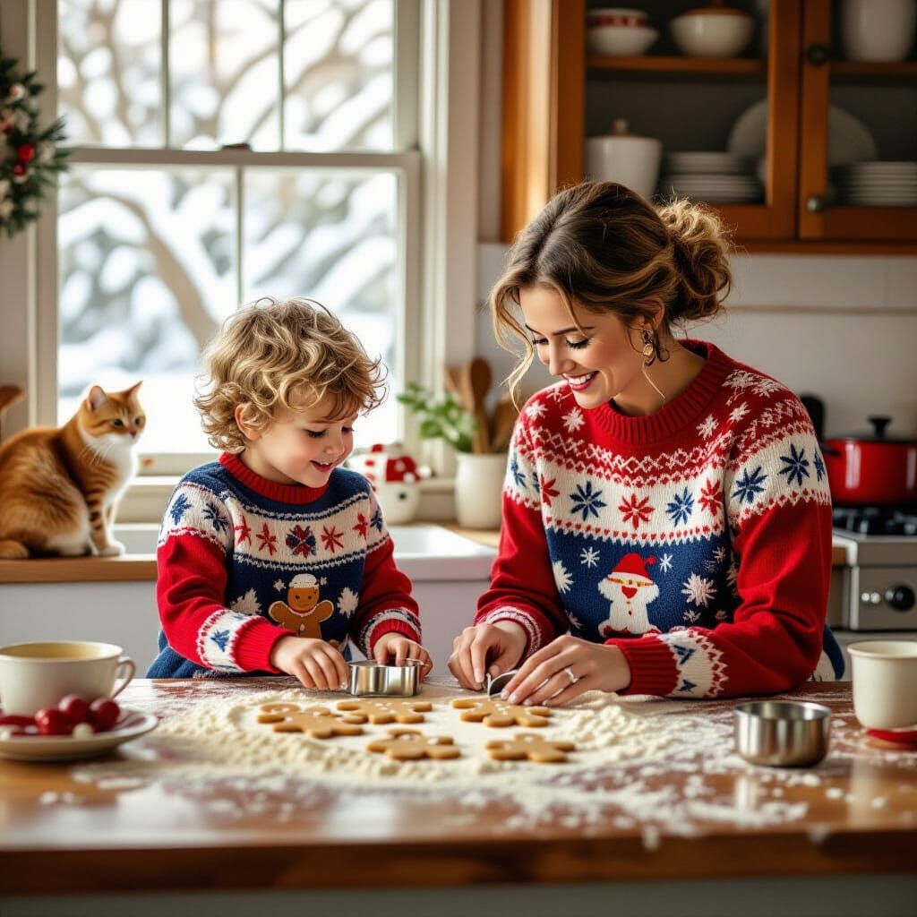 Festive Family Baking Gingerbread Men in Folk Art Style
