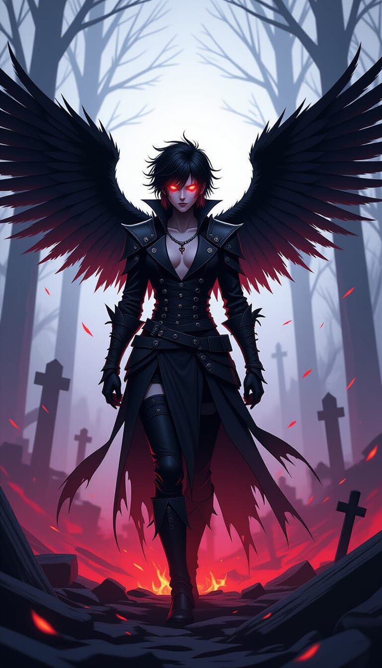 Dark Fantasy Anime Character with Torn Wings