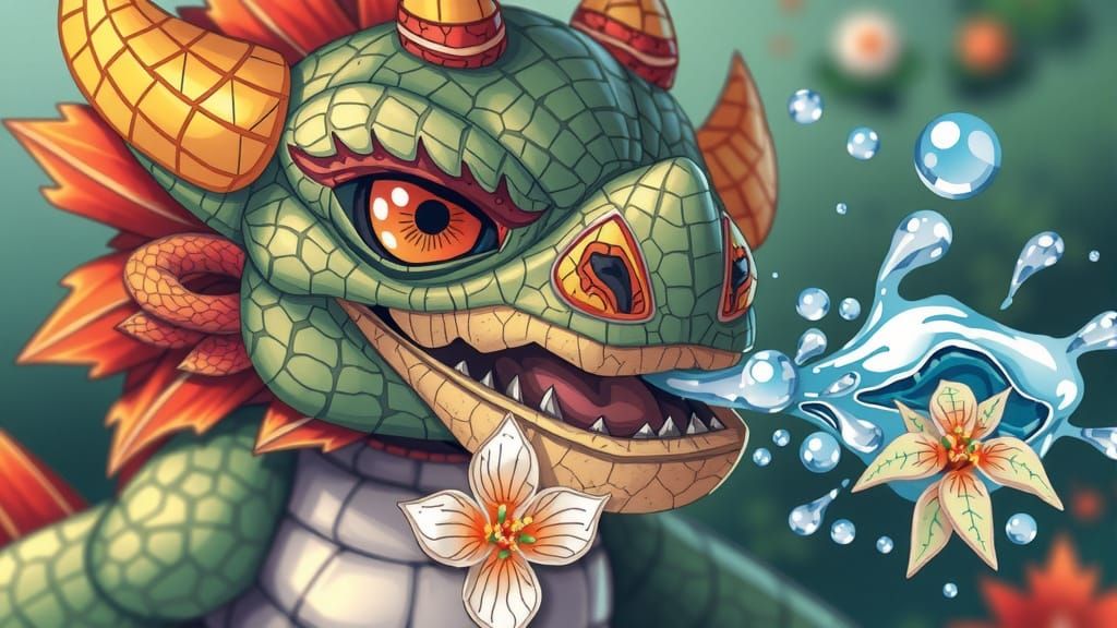Cute Dragon Monster Breathes Water Flowers in Mosaic Art