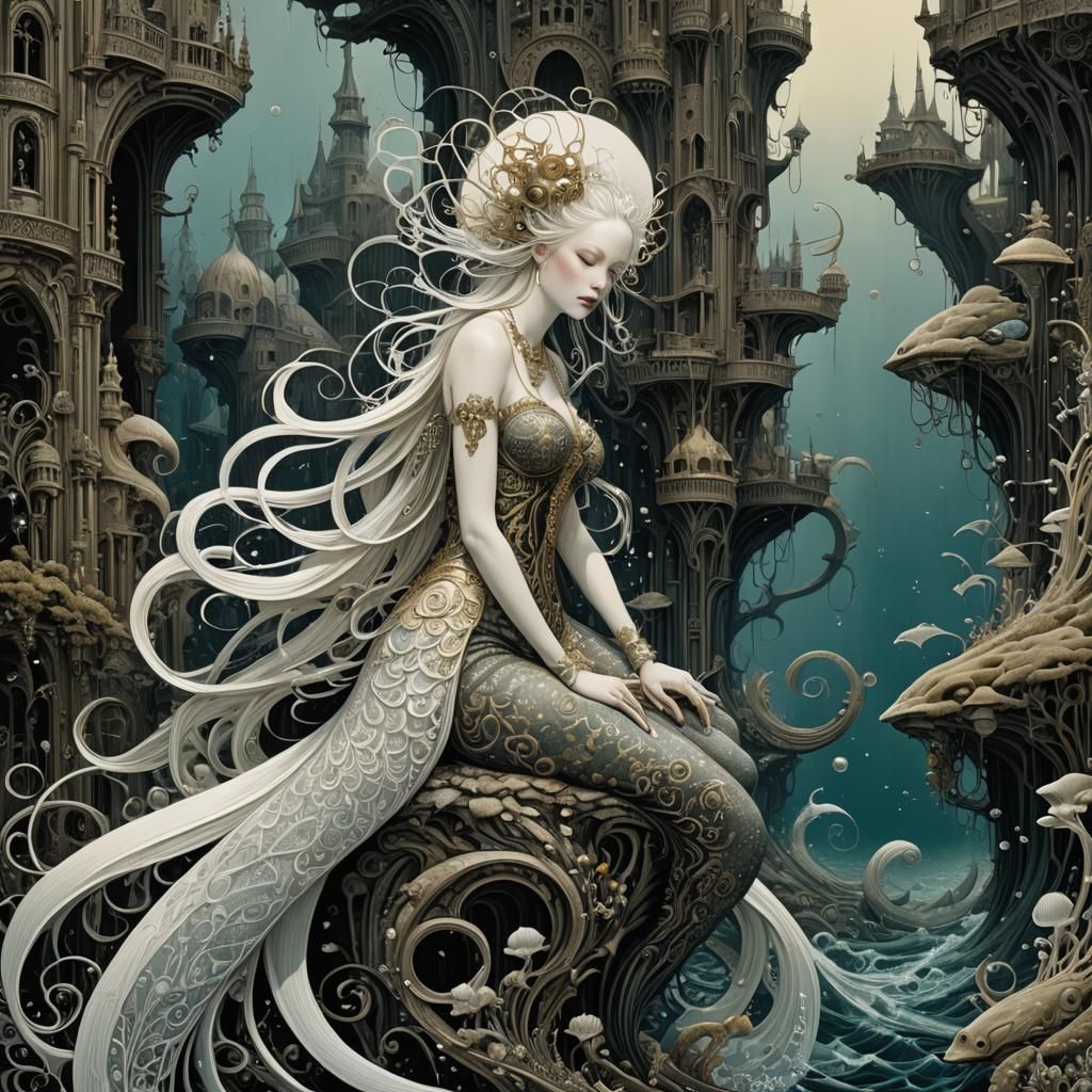 Surreal Underwater City of Merfolk in Chiaroscuro